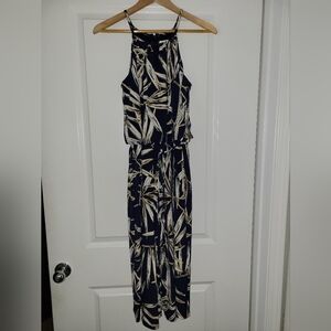 London Times Navy Blue and White Leaf Print Jumpsuit